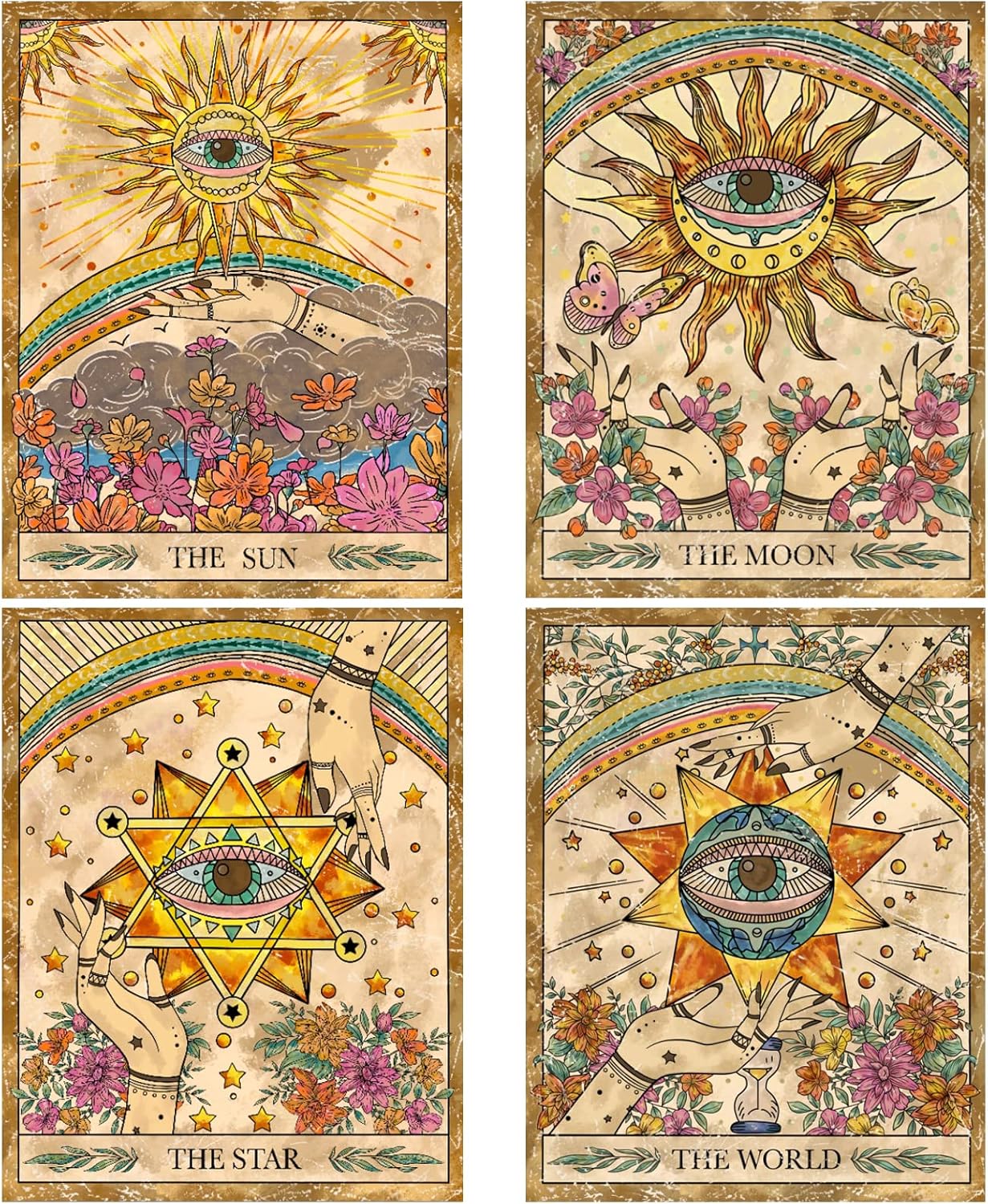 Tapestries - ZeeDix 4 Pcs Tarot Flag Tapestry- The Sun Moon World Star Tarot Tapestry, Mysterious Medieval Astrology Divination Wall Tapestries Wall Hanging Floral Tapestry for Bedroom Dorm Living Room