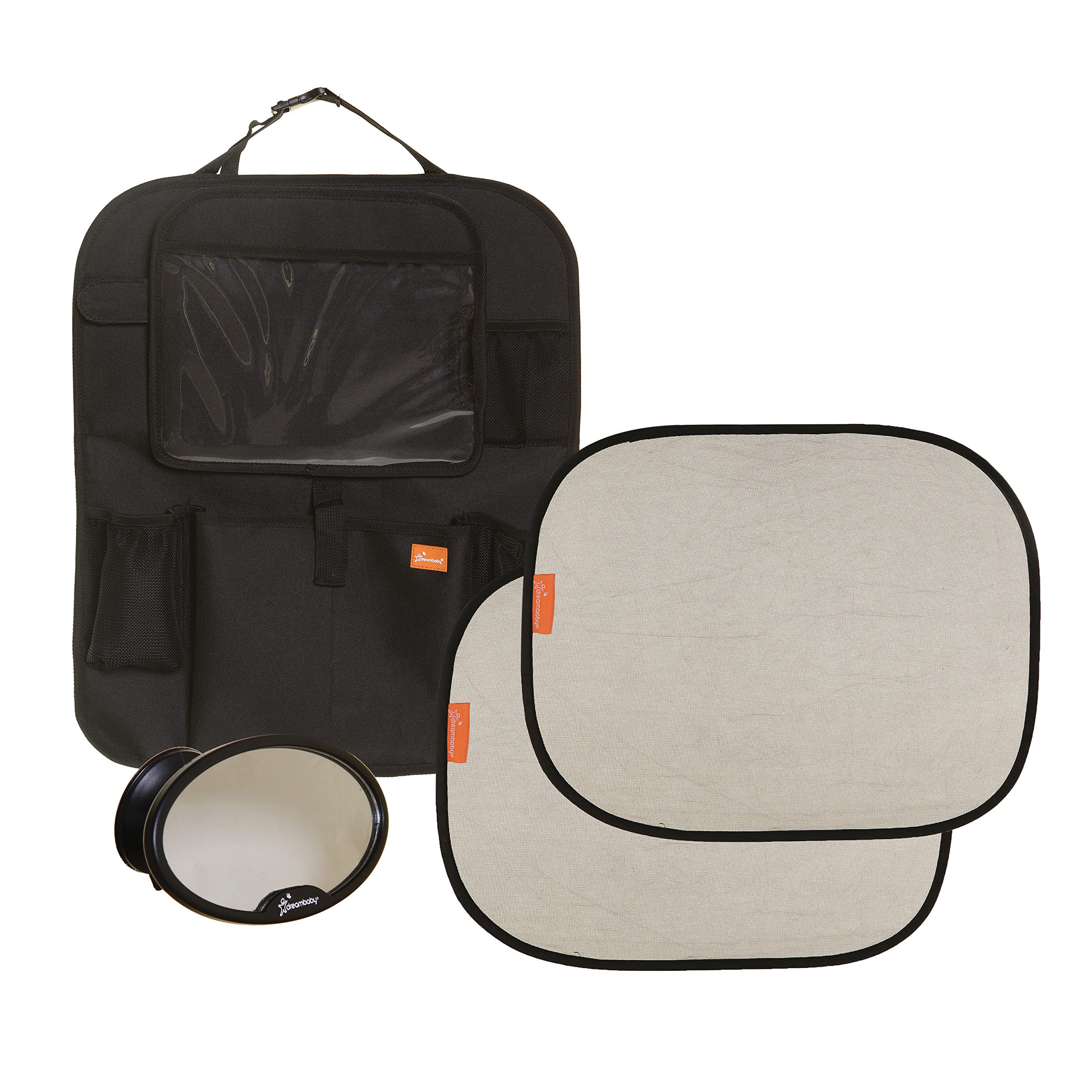 Dreambaby Travel Car Kit for Toddler/Child - 4 Piece Kit: Back-Seat Car Organiser, 2X Insta-Cling Car Sunshades, Ezy-View Mirror