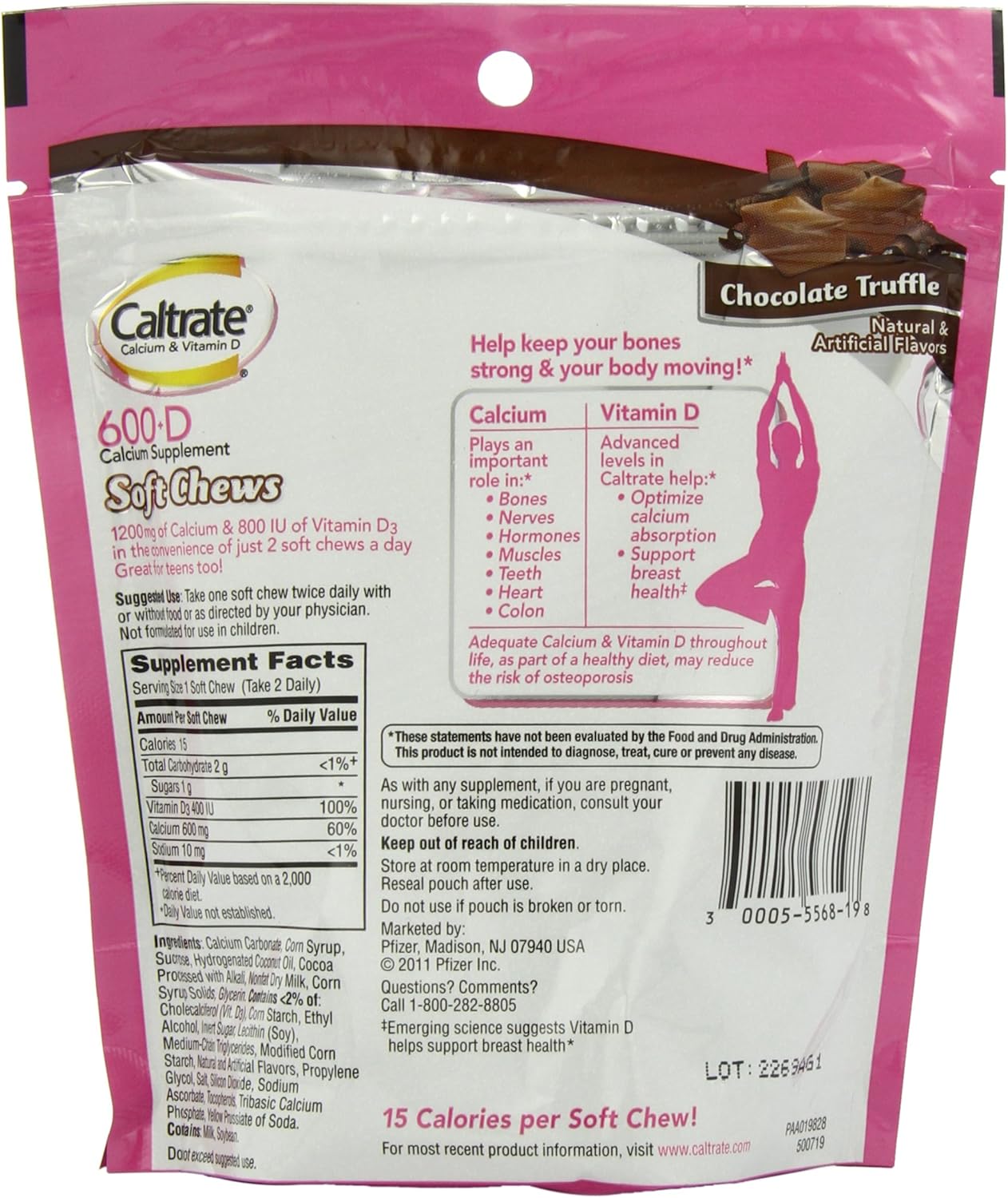 Caltrate 600+D3 Soft Chews (Chocolate Truffle Flavor, 60-Count Soft Chews) Calcium and Vitamin D3 Chewable Supplement, 600mg: Health & Personal Care