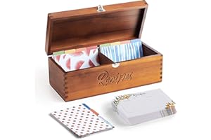 Tidita Acacia Wood Large Recipe Box with 100 Cards 4x6, 8 Dividers - Wooden Recipe Box Set Double Compartment Organizer Keepe