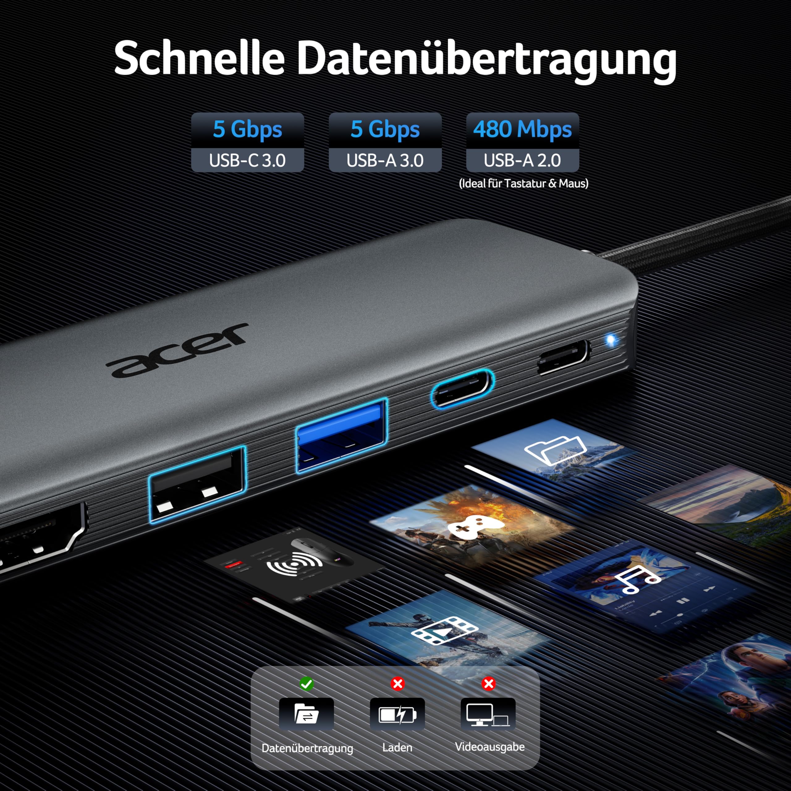 acer USB C Hub 5-in-1, 4K@60Hz USB C auf HDMI Adapter, USB-A+USB-C 5 Gbps Datenport, PD 100W, Multiport USB C Splitter Kompatibel mit Windows, iOS, macOS, Ideal für iPad Pro/Air, MacBook und Surface 4