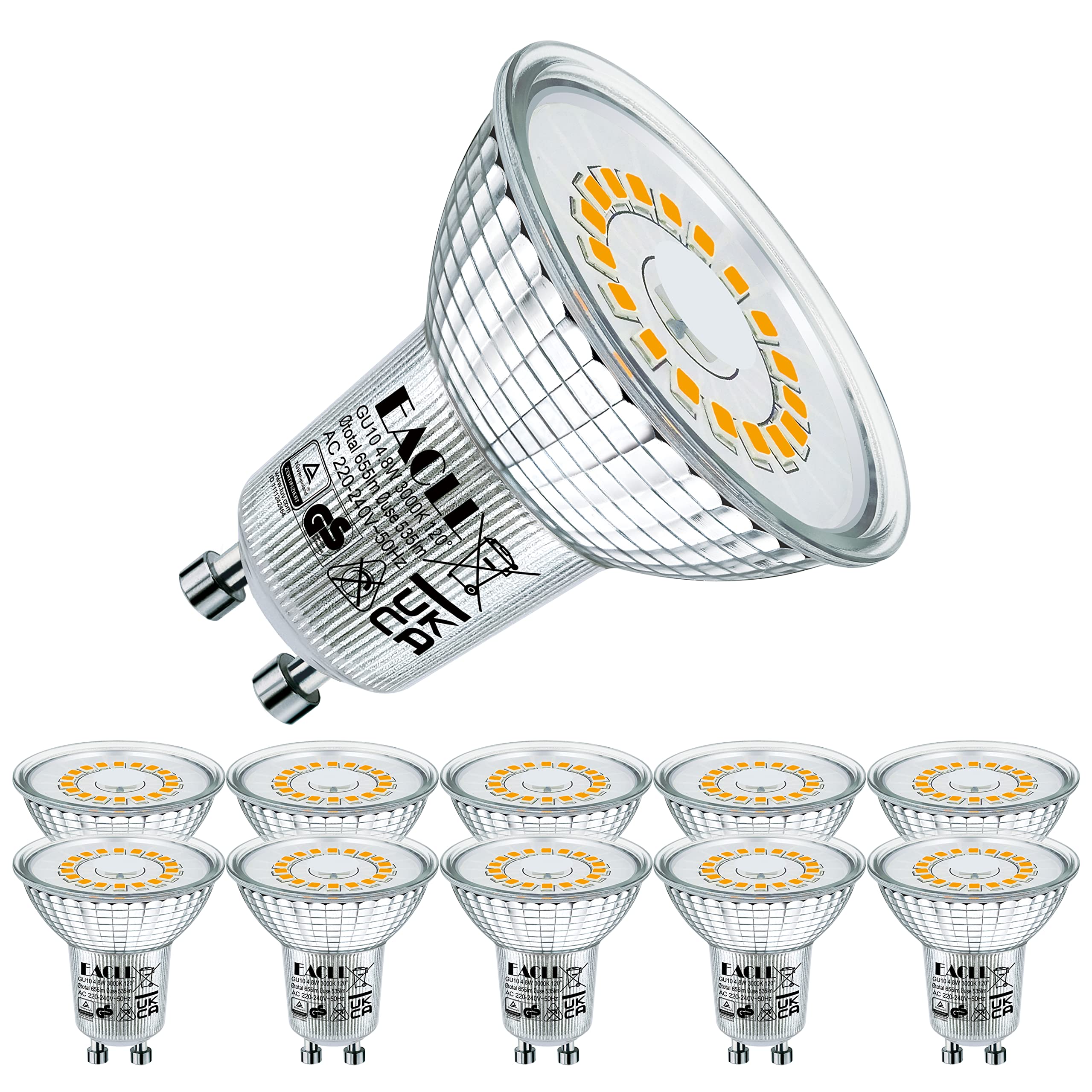EACLL GU10 LED Bulb Warm White 4.8W Equivalent 55W Halogen, 10-Pack, 425 Lumens 3000K, AC 230V No Flicker Spotlight, Wide Beam 120° Spot, Non-Dimmable Reflector Lamp