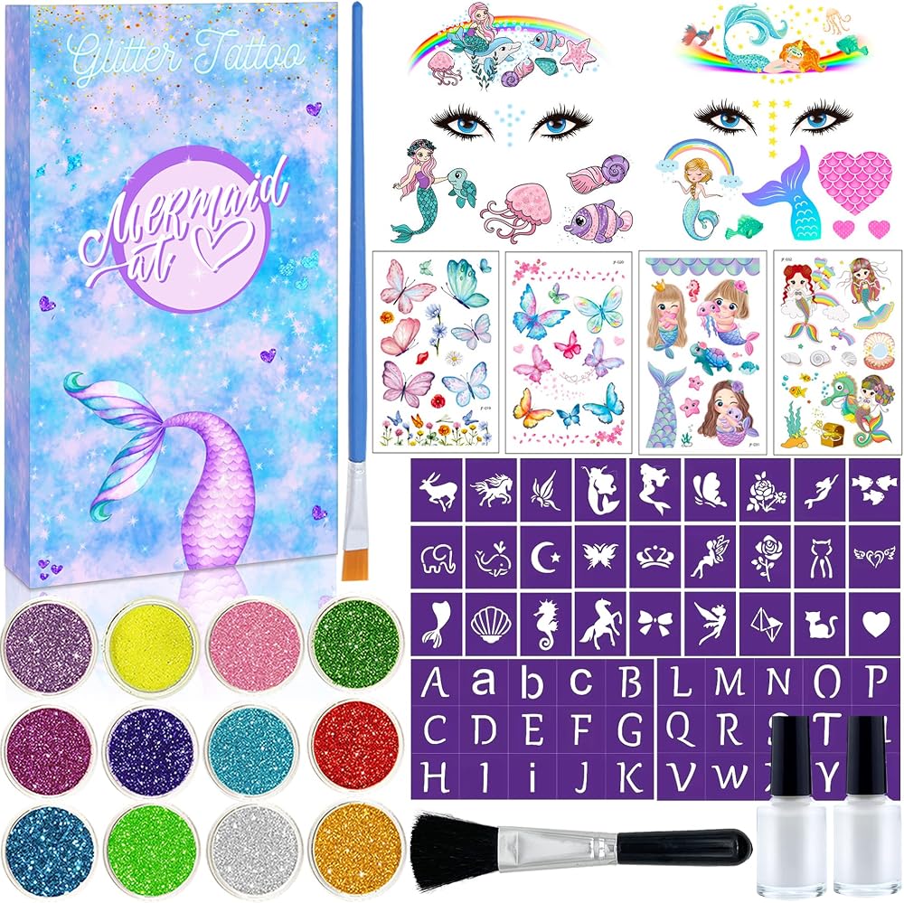 Lubibi Glitter Tattoo Kit Kids Mermaid Temporary Tattoos 12 Colors Glitter