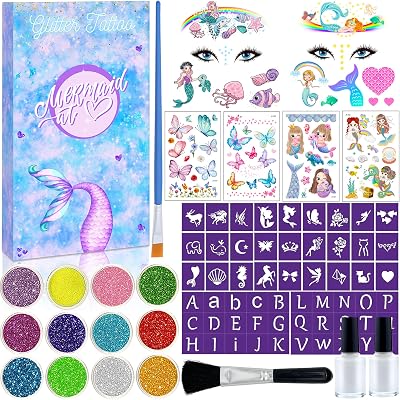 Lubibi Glitter Tattoo Kit Kids Mermaid Temporary Tattoos 12 Colors Glitter