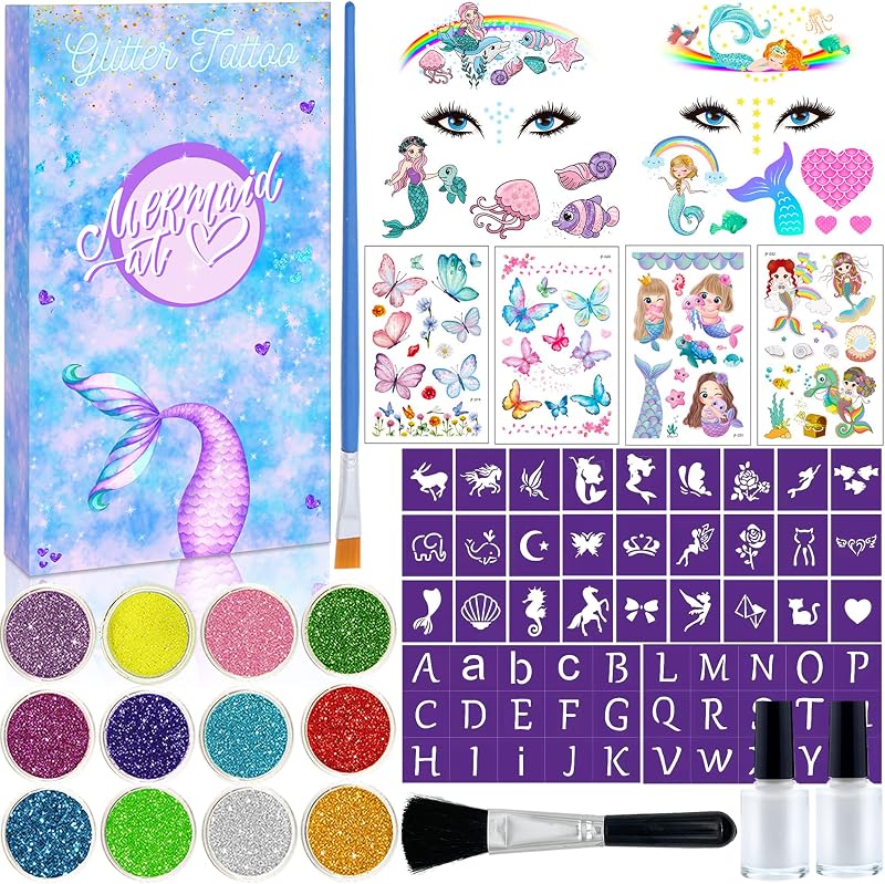 Lubibi Glitter Tattoo Kit Kids Mermaid Temporary Tattoos 12 Colors Glitter