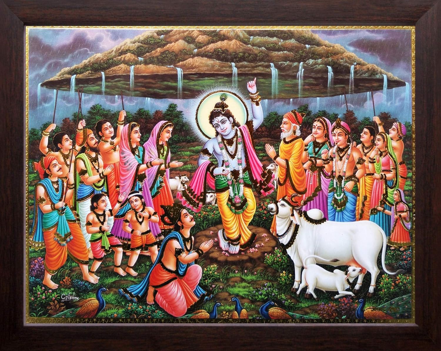 Art n Store: Shree Krishna and Govardhan Parwat Painting with Brown Plane  Photo Frame (30 X 23 X 1.5 cm_ Acrylic Sheet Used): Amazon.in: Home &  Kitchen