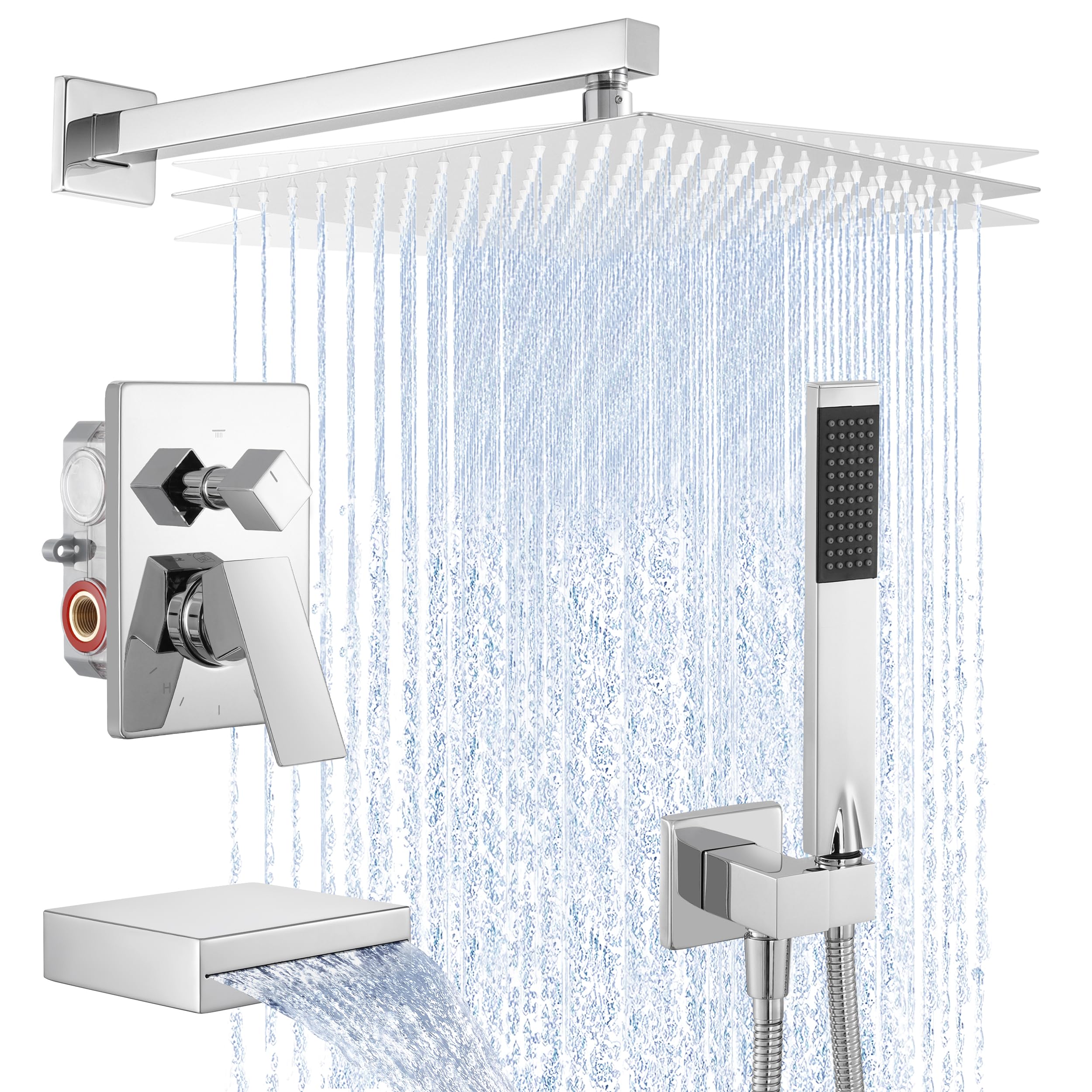 Photo 1 of KES Shower Faucet Set, Rain Shower System, Bathtub Faucet, Tub and Shower Faucet Combo, 12 Inch Rain Shower Head System with Handheld and Waterfall Tub Spout, Polished Chrome, XB6305F18S12-CH