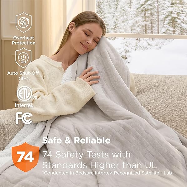 BEDSURE HEATED BLANKET THROW BLANKET – FAST HEATING ELECTRIC BLANKET, SOFT FLANNEL HEATED THROW WITH 4 TIME SETTINGS, 6 HEATING SETTINGS, WARM GIFTS FOR GRANDMA (50X60 INCHES, CREAM)