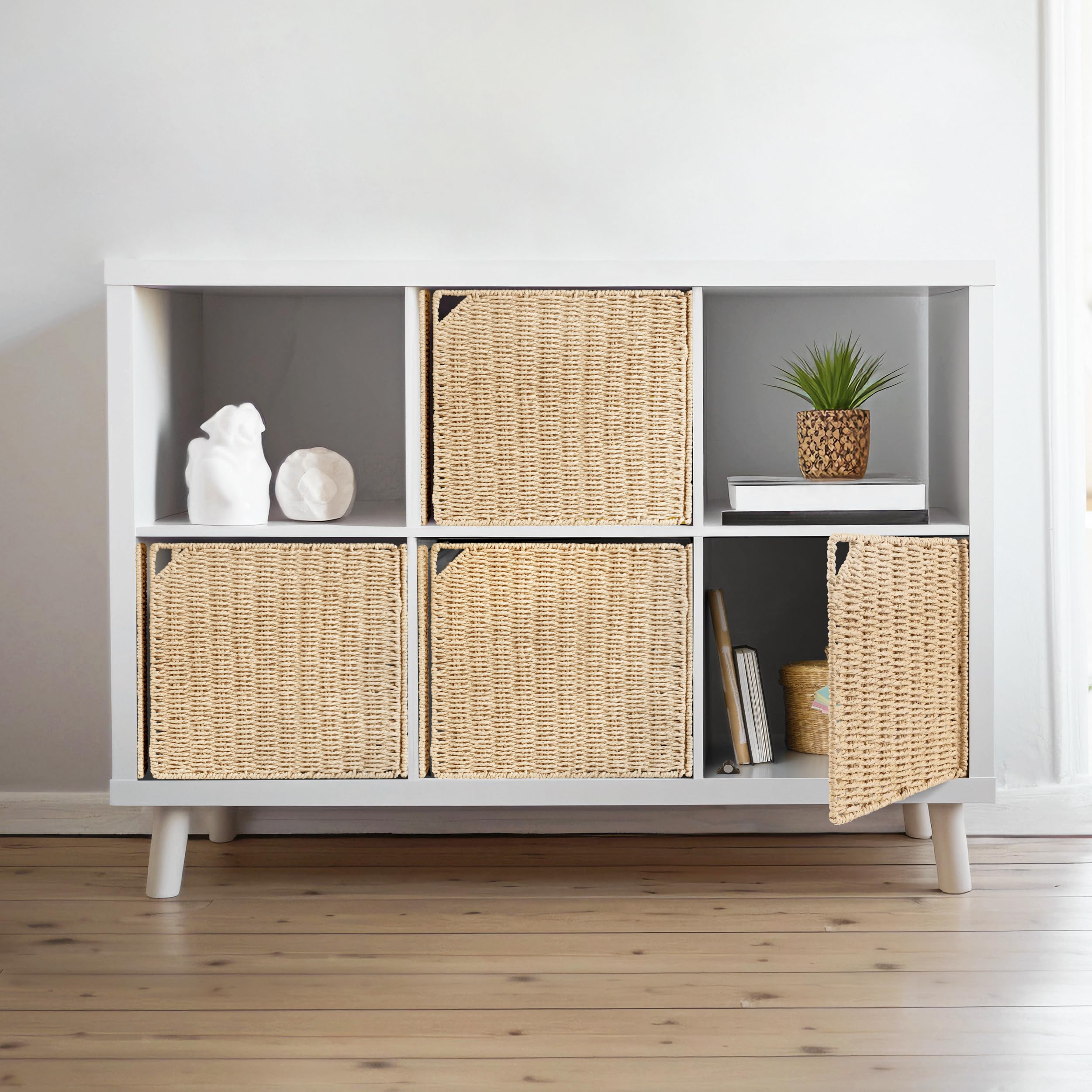 Photo 1 of AELS 13" Handwoven Natural Fibre Doors for Cube Storage - Set of 4, Boho Straw Shelf Cover for Bookcase & Open Bookshelf, Rustic Farmhouse Home Decor, Fit IKEA Kallax Shelf - Beige (Door ONLY)