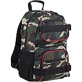 Eastsport Travel Skateboard Backpack Double Strap Laptop Bag Multi-Sport Design for Men and Women, Black Green Camo Red Trim