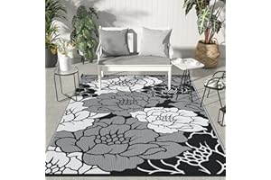 GENIMO Outdoor Rug Waterproof for Patios Clearance, 5' x 8' Reversible Plastic Straw Floral Camping Carpet, Large Area Rugs Mats for RV, Camper, Deck, Balcony, Porch, Beach, Picnic, Mix-Black & White