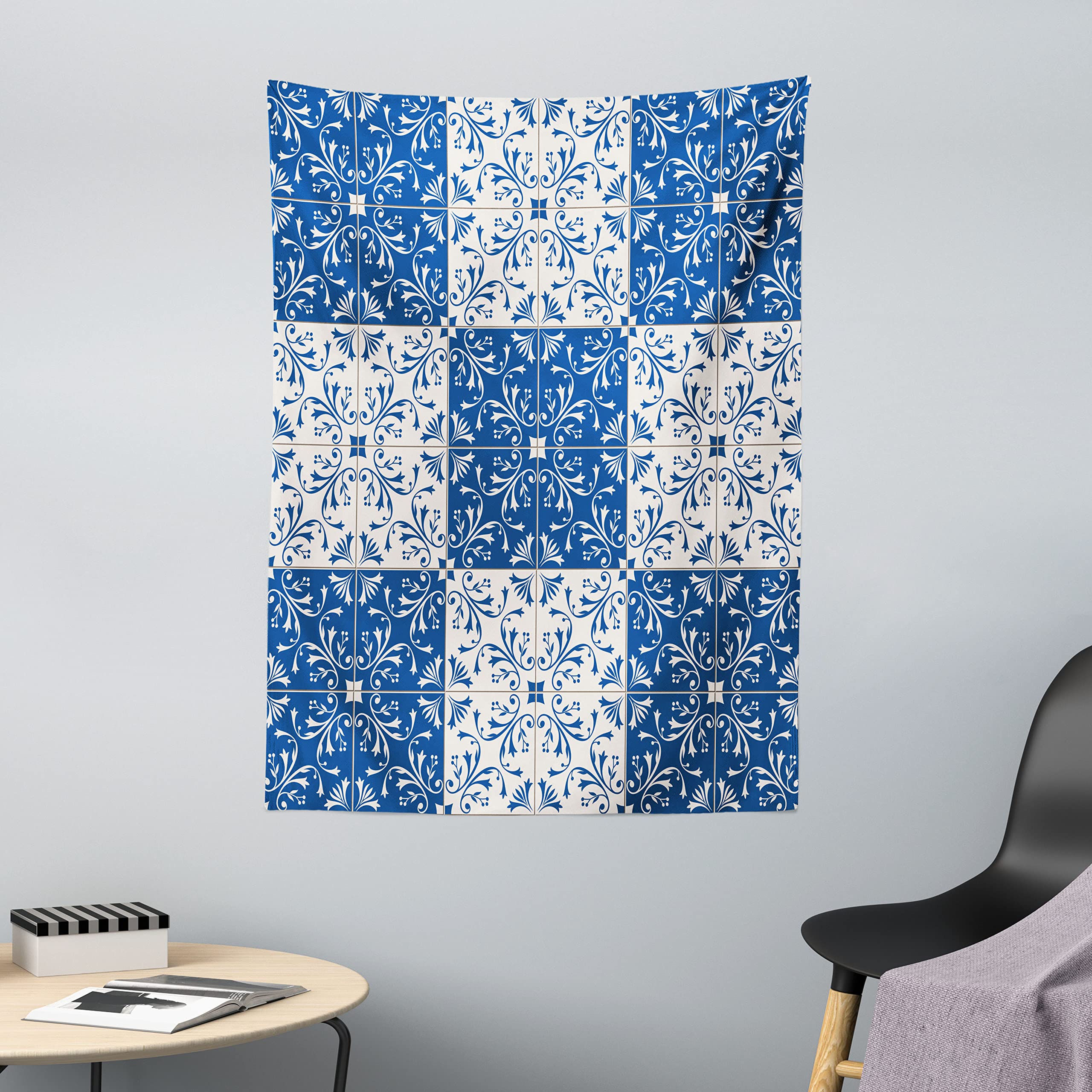 ABAKUHAUS Moroccan Tapestry, Turkish Portuguese Style Mosaic Ceramic Patterns Country Style Vintage Image, Fabric Wall Hanging Decor for Bedroom Living Room Dorm, 110 x 150 cm, Navy Blue White