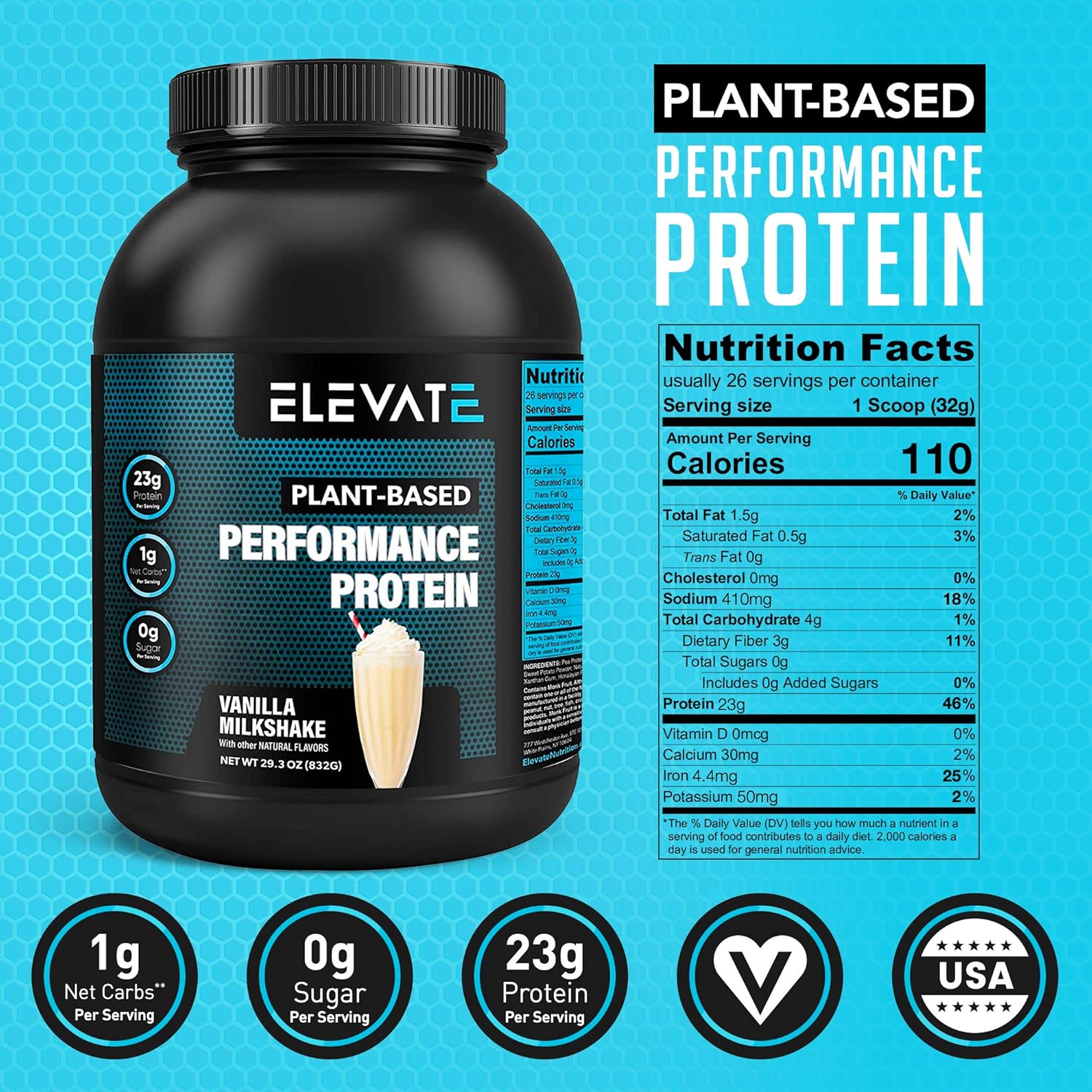 Plant Based Vegan Protein Powder with High BCAAs and Glutamine, Low Carb Protein Powder Vanilla Milkshake, Non GMO, NO Sugar, Dairy and Soy Free (26 Servings) - Elevate Nutrition: Health & Personal Care