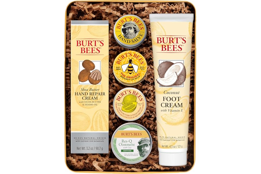 Burt’s Bees Gifts Ideas – Classics Set, 6 Products in Giftable Tin – Cuticle Cream, Hand Salve, Lip Balm, Res-Q Ointment, Hand Repair and Foot Cream