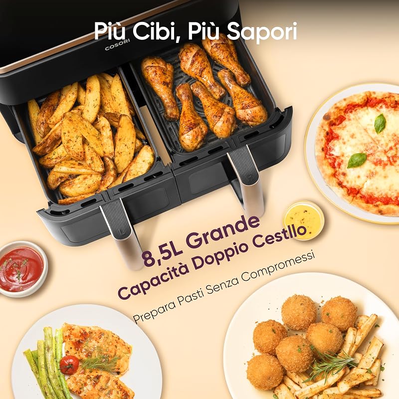 Friggitrice ad Aria Doppio Cestello 8,5 Litri, Con Finestra, Oro