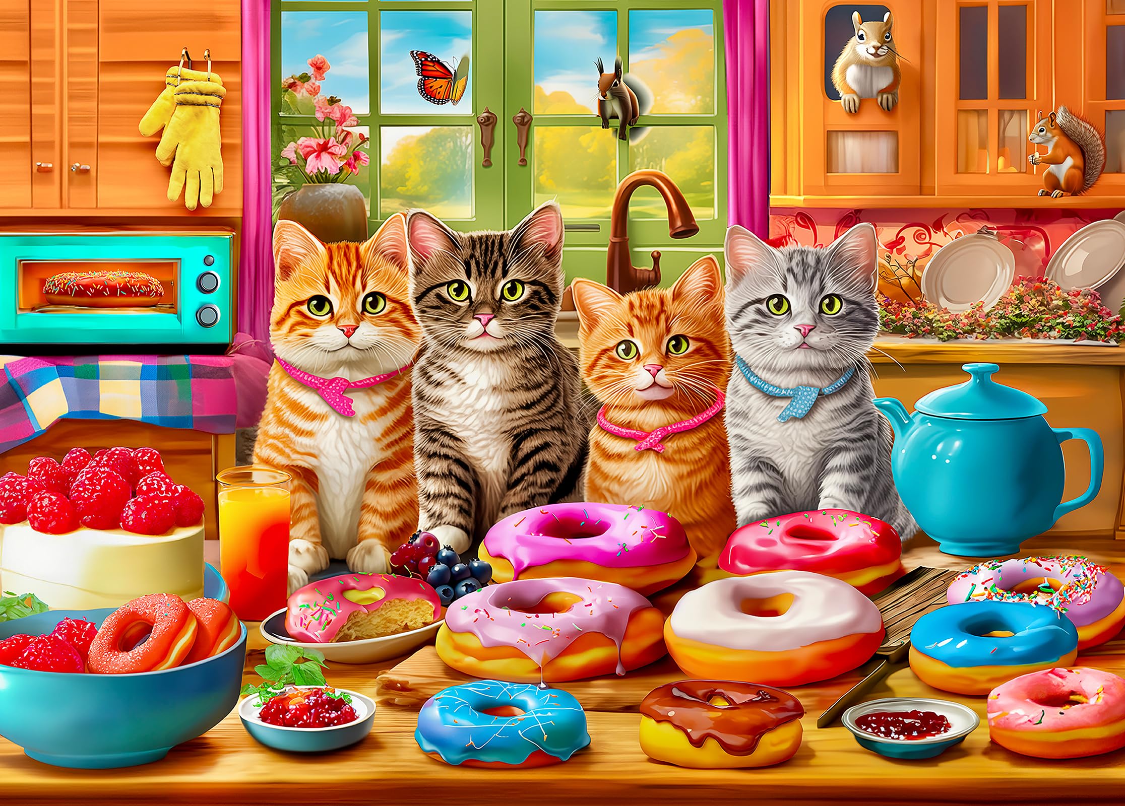 Large 300 Piece Jigsaw Puzzles for Adults - Large Piece Puzzles for Children and Elderly - XL Piece Puzzle - Kitchen Kittens and Donuts