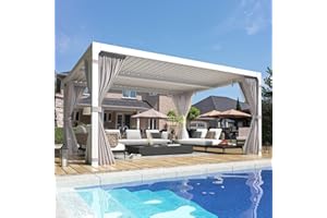 EROMMY 10x12FT Louvered Pergola Outdoor Sun Shade Shelter with Aluminum Frame and Adjustable Rainproof Roof for Garden & Patio, Curtains and Netting Included, White