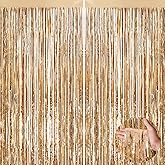 Champagne Gold Metallic Tinsel Foil Fringe Curtains, 2 Pack 3.3x8.3 Feet Party Streamer for Birthday Party Decorations, Halloween Decor, Foil Curtain for Bachelorette Party