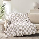 Cozzenity Checkered Throw Blanket, Taupe Soft Cozy Fluffy Knitted Throw Blankets for Couch, Sofa, Bed, Chair, Warm Fuzzy Travel Picnic Lightweight Plaid Blanket, 60x80 inches