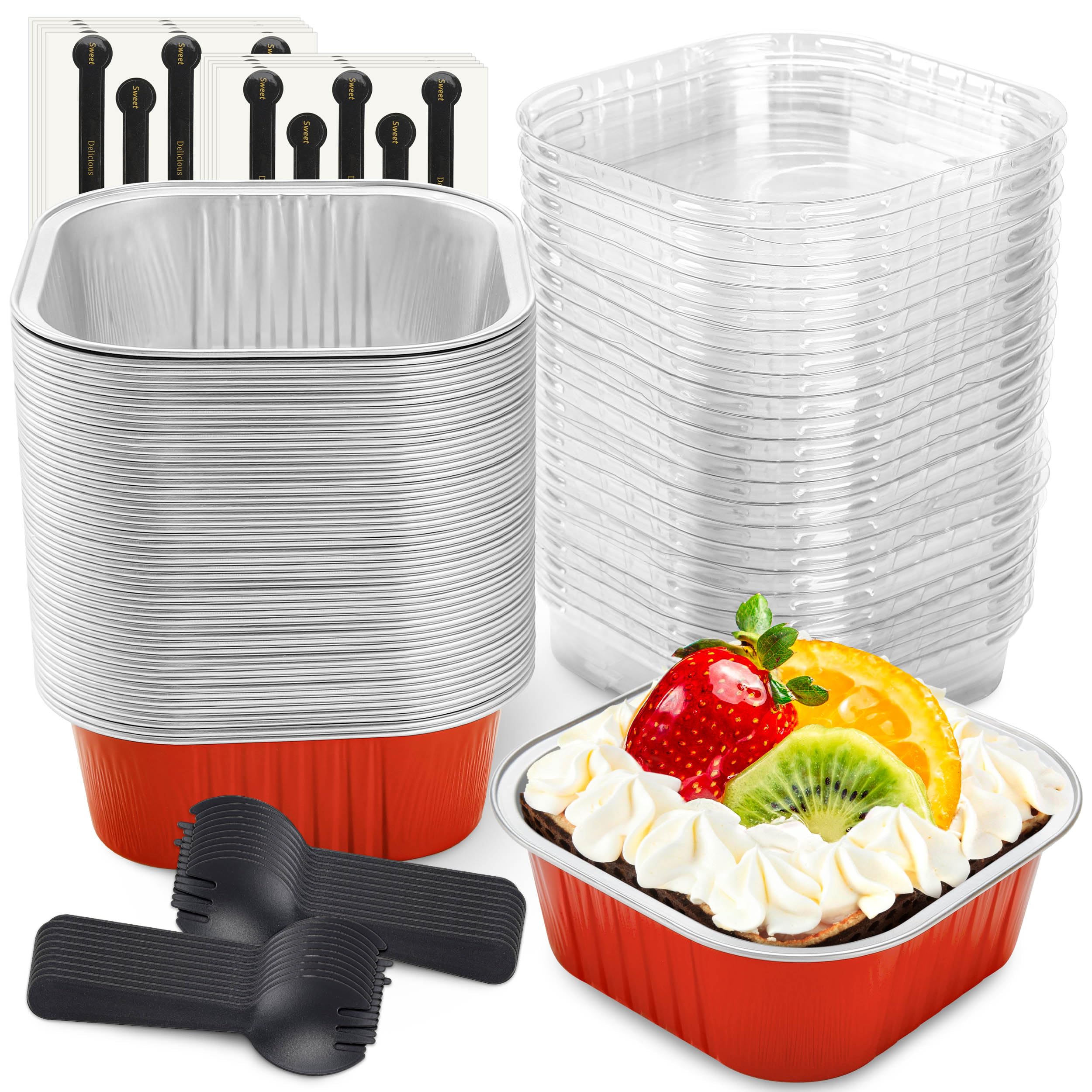 Photo 1 of NPLUX 50 Pcs Mini Square Baking Cups with Lids and Spoons Aluminum Foil Mini Cake Pans with Lids Disposable Ramekins Cake Pans Dessert Cups for Wedding Birthday Party(Red,10oz)
