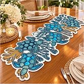Beaded Table Runner 13x36 Inch, Handmade Teal Blue Ivory Turtle Floral | Floral embroidered turtle centerpiece for weddings, family gatherings, dining tables, coffee tables and everyday home decor
