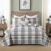 AJOCCI Quilts Queen Size, Cotton Queen Size Comforter Set, Brown Black Grey White Striped Bedding Sets, Plaid Queen Bedspread,Striped Bed Set Lightweight Reversible All Season 3 Piece
