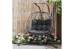 Pamapic 700 LBS Double Egg Chair Outdoor, UV Resistant Cushions Hanging Egg Chair with Armrests & Headrest, Thick Steel Frame Egg Swing Chair with Stand, for Relaxing & Reading Outside/Inside(Grey)