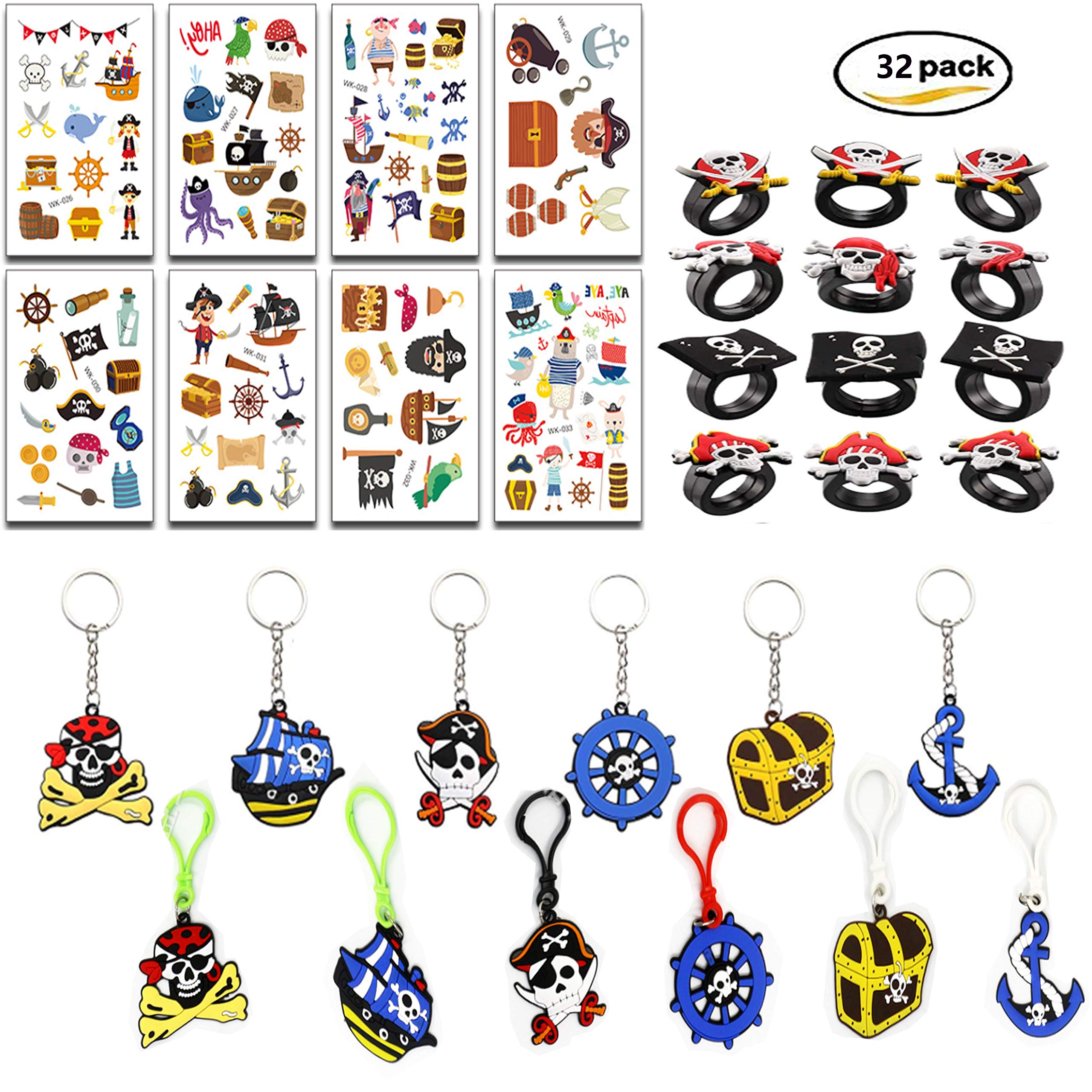 DDream Pirates Anniversaire, 32Pcs Pirates Bagues, Pirates Porte-Clés, Tatouages Temporaires de Pirates Enfant Fille Garçon pour Un Cadeau de l\'anniversaire sur Le Thème Pirates