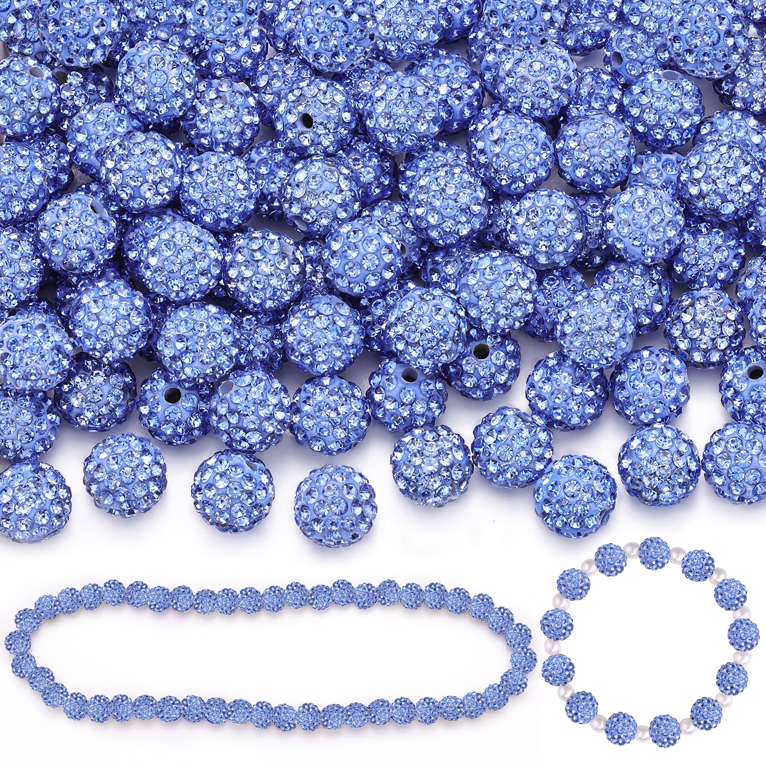 Photo 1 of 100 Pcs Light Sky Blue Rhinestone Beads for Jewelry Making, Sparkle Crystal Clay Christmas for Bracelet Baseball Necklace Earring Crafting and DIY, Shiny Round Shamballa Disco Ball Beads Bulk