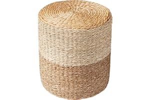 PrimeZone Patio Pouf Ottoman 14" D x 14" W x 16" H, Hand Woven Natural Seagrass Rattan Indoor Outdoor Footstool, Round Boho Poufs Footrest Floor Chair Seat for Living Room, Bedroom, Porch, Natural