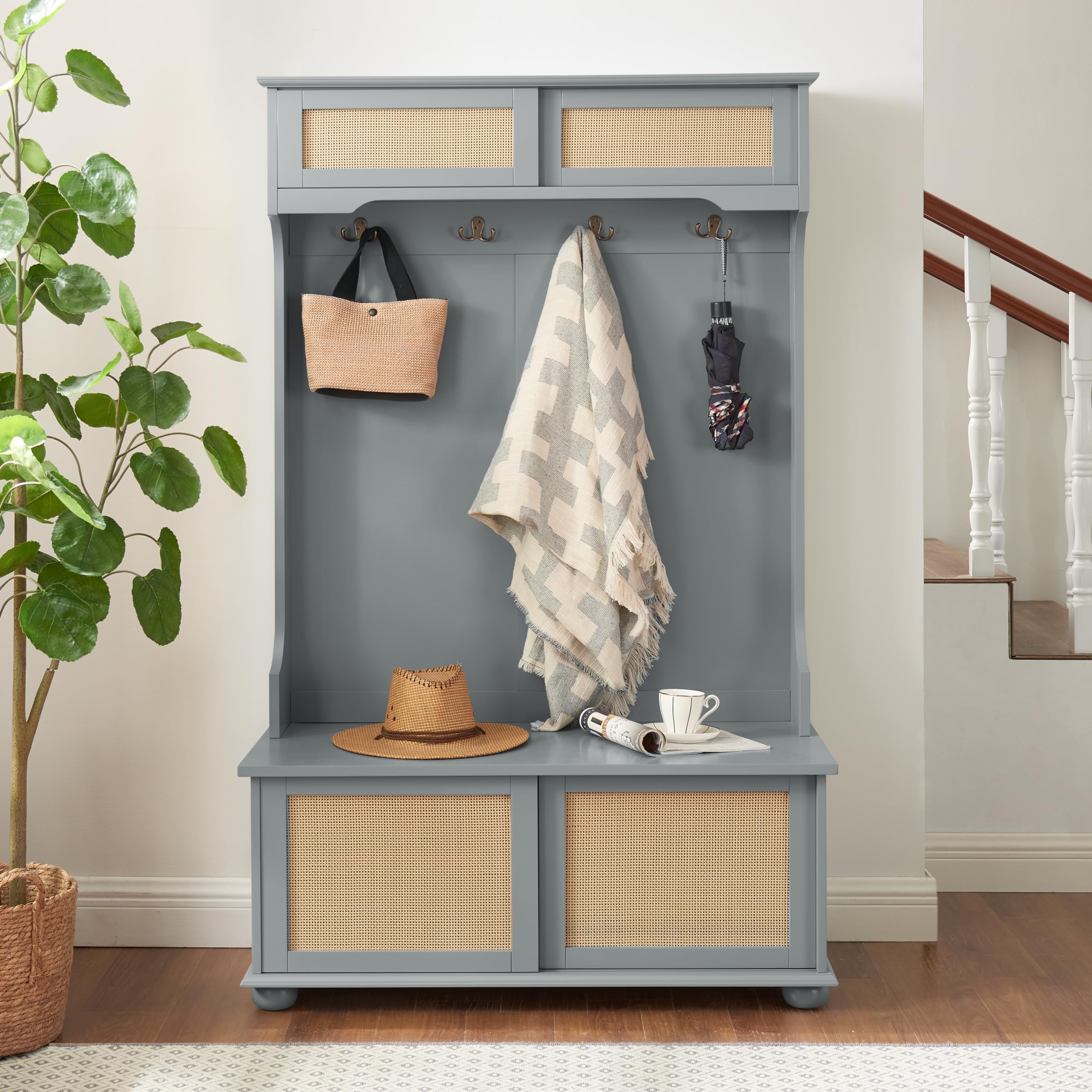 Photo 1 of **FOR PARTS ONLY**
Favfurish Casual Style Hall Tree with Rattan Door Shelves & Shoe Cabinets,Entryway Bench W/Solid Wood Feet,for Hallway Apartment Living Room,Gray,40.16" l x 18.58" W x 64.17" H