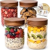 EDELHAUS Overnight Oats Containers with Lids Acacia (4 x 16oz) Glass Jars for Oatmeal, Meal Prep, Food Storage | Leak-Proof Mason Jars for Oats, Cereal, Yogurt, Chia Pudding [Thicker Glass 3mm]