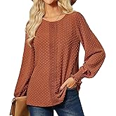 GRACE KARIN Womens Long Sleeve Tops Casual Swiss Dot Lace Crochet Shirts Dressy Crewneck Blouses 2025