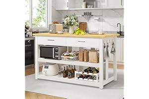 47.3" Kitchen Island with Storage, Solid Rubberwood Stationary Island Table with Large Worktop, Power Outlets & 6 Hooks, 2 Dr