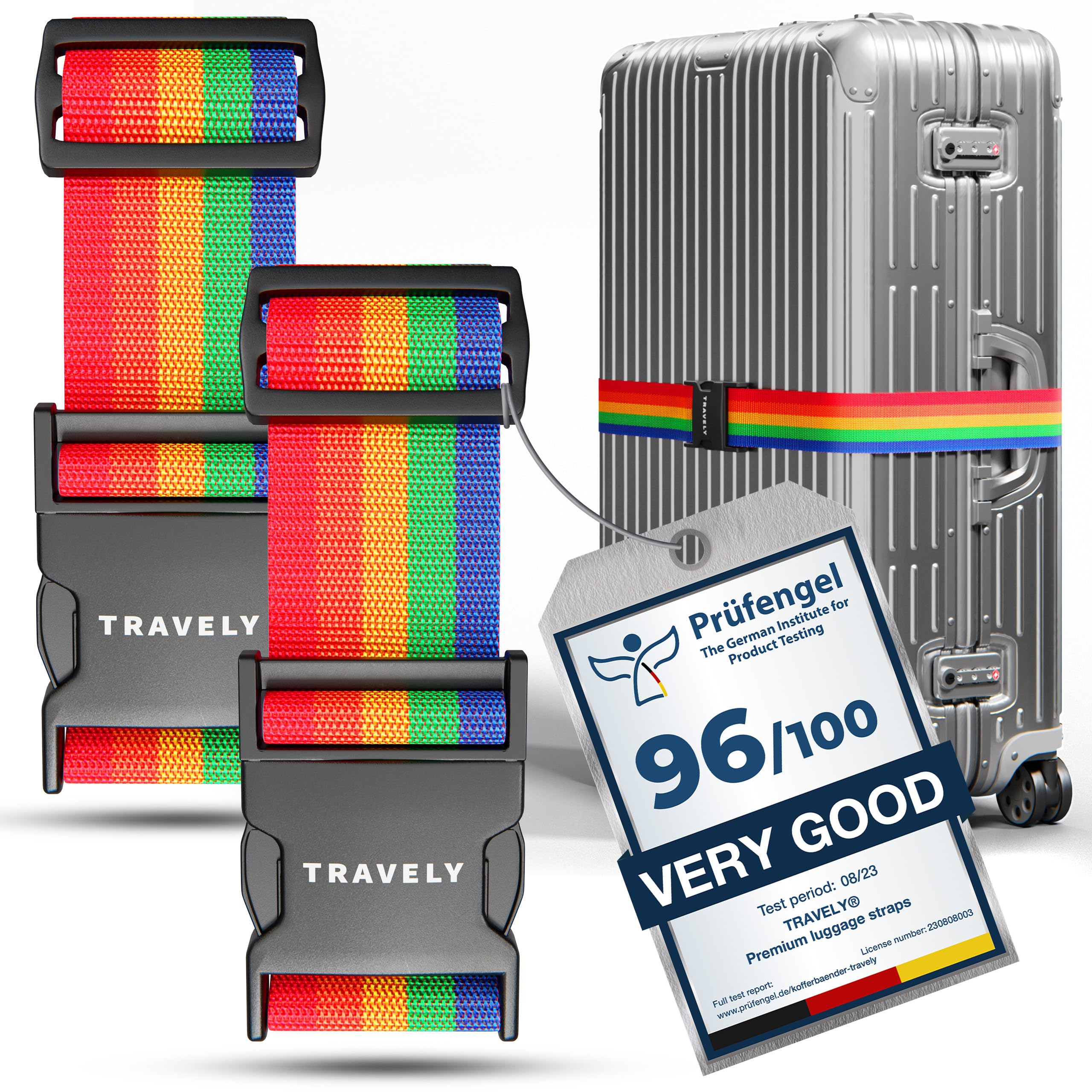 Travely® Premium Luggage Strap - Especially Eye-catching and Safe - Includes 2 Name Tags - Luggage Strap Ideal Over Cross - [Set of 2] - Rainbow