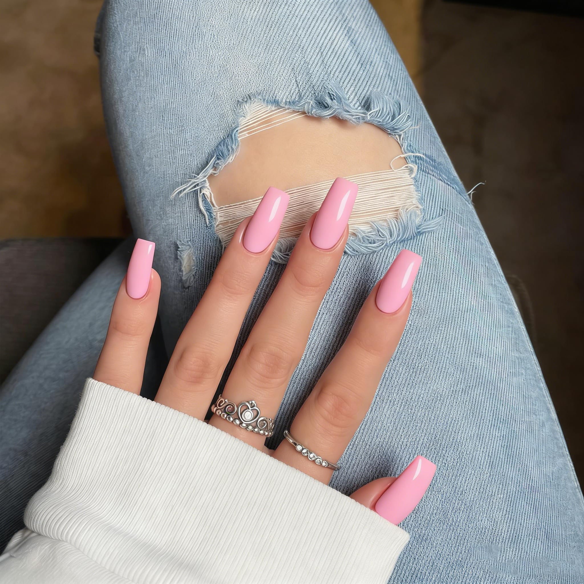 SXVME Baby Pink Press on Nails Long Square, Light Pink False Nails Medium Coffin, Glossy Gel Fake Nails Press on, Sheer Gel Stick on Nail for Women, 24 Pcs