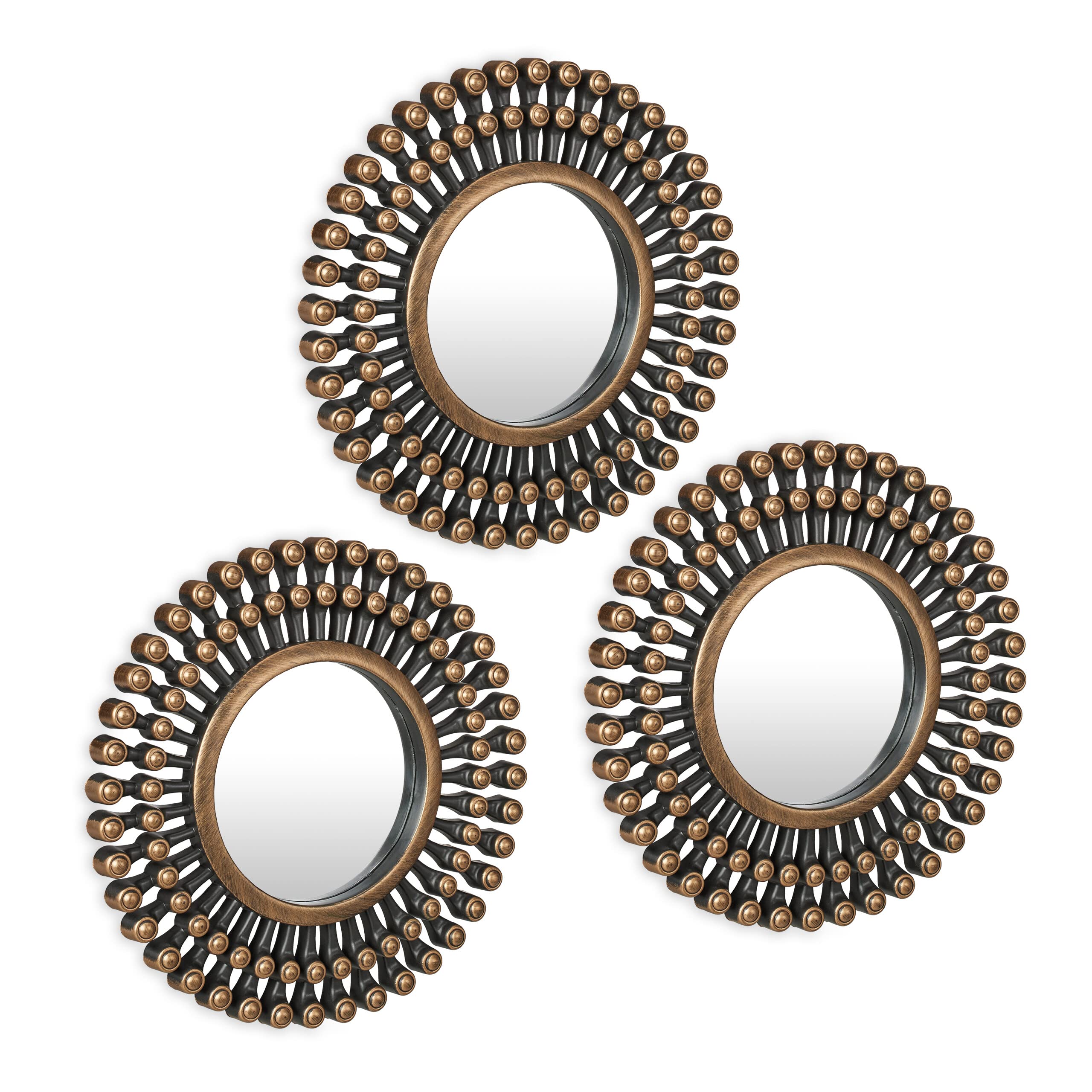 Relaxdays Set of 3 Mirrors, Round Suns, Decorative, Ø 25 cm, Wall Mounted, Plastic Frame, Lounge & Hallway, Gold/Black