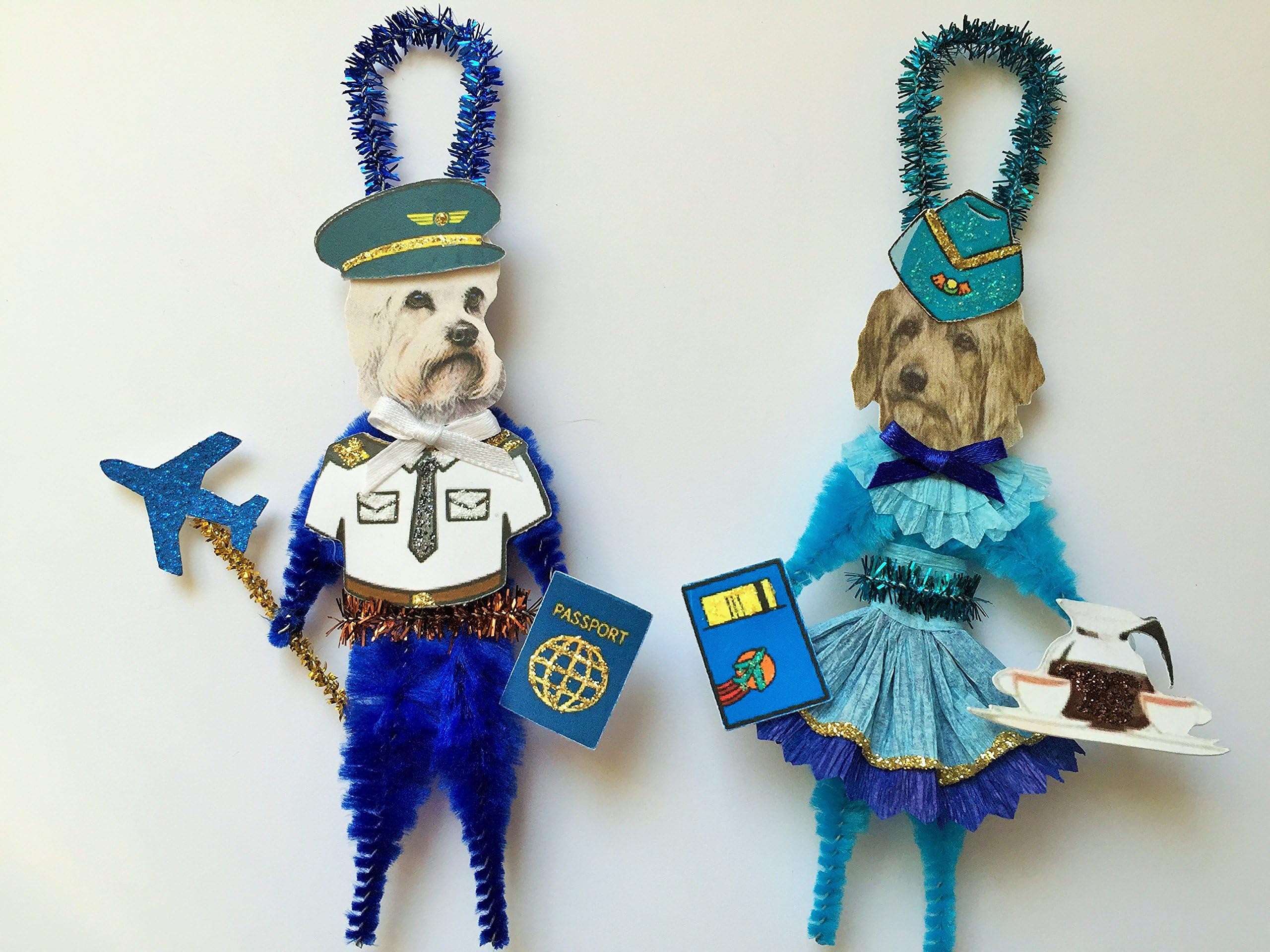 Dandie Dinmont Terrier PILOT & STEWARDESS ORNAMENTS Vintage Style Chenille Ornaments Set of 2