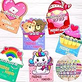 LINAYE 24 Pack Valentines Gift Cards with Friendship Bead Bracelets, Kids Classroom Valentines Day Exchange Gifts Party Favors for Boys Girls