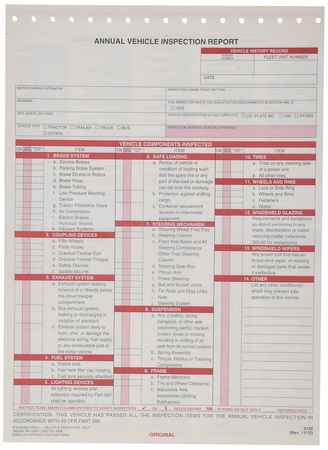 J.J. Keller 15048 Annual Vehicle Inspection Report with Label