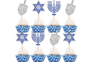 ZHUOWEISM 24 PCS Happy Hanukkah Cupcake Toppers Glitter Star of David Candlestick Hexagram Hanukkah Cupcake Picks for Hanukkah Party Cake Decorations Chanukkah Theme Party Supplies
