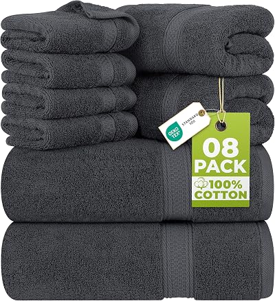 Utopia Towels 8 Piece Set Cotton Hotel Quality Gray Bath Towels Washcloths