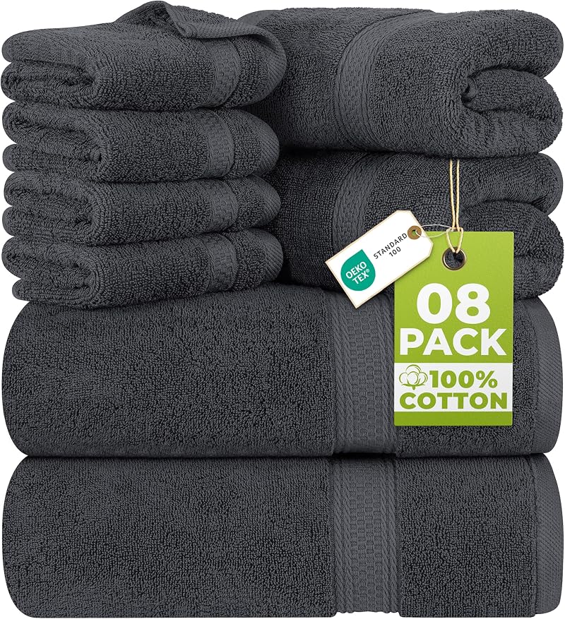 Utopia Towels 8 Piece Set Cotton Hotel Quality Gray Bath Towels Washcloths