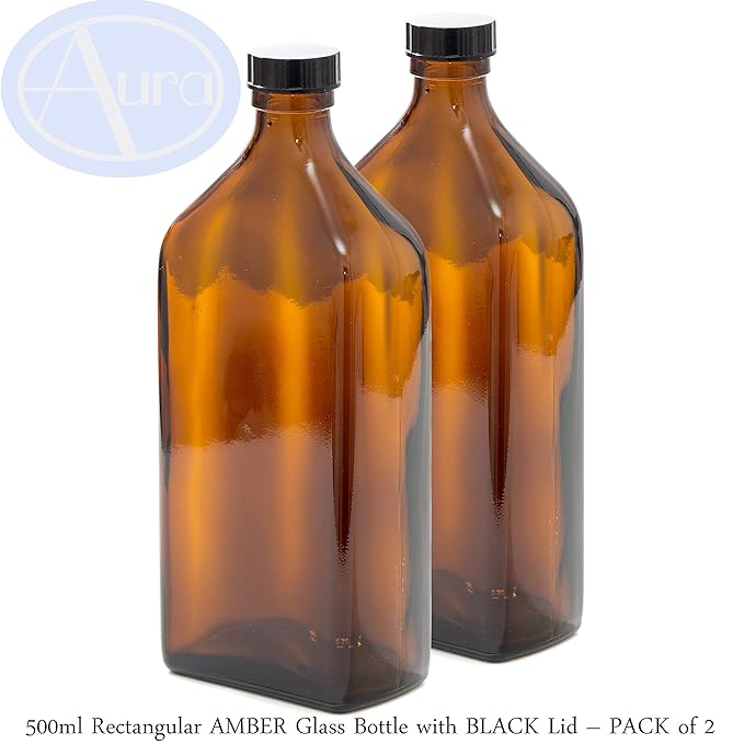 500ml Rectangular AMBER Glass Bottle with BLACK Lid PACK of 2 Amazon