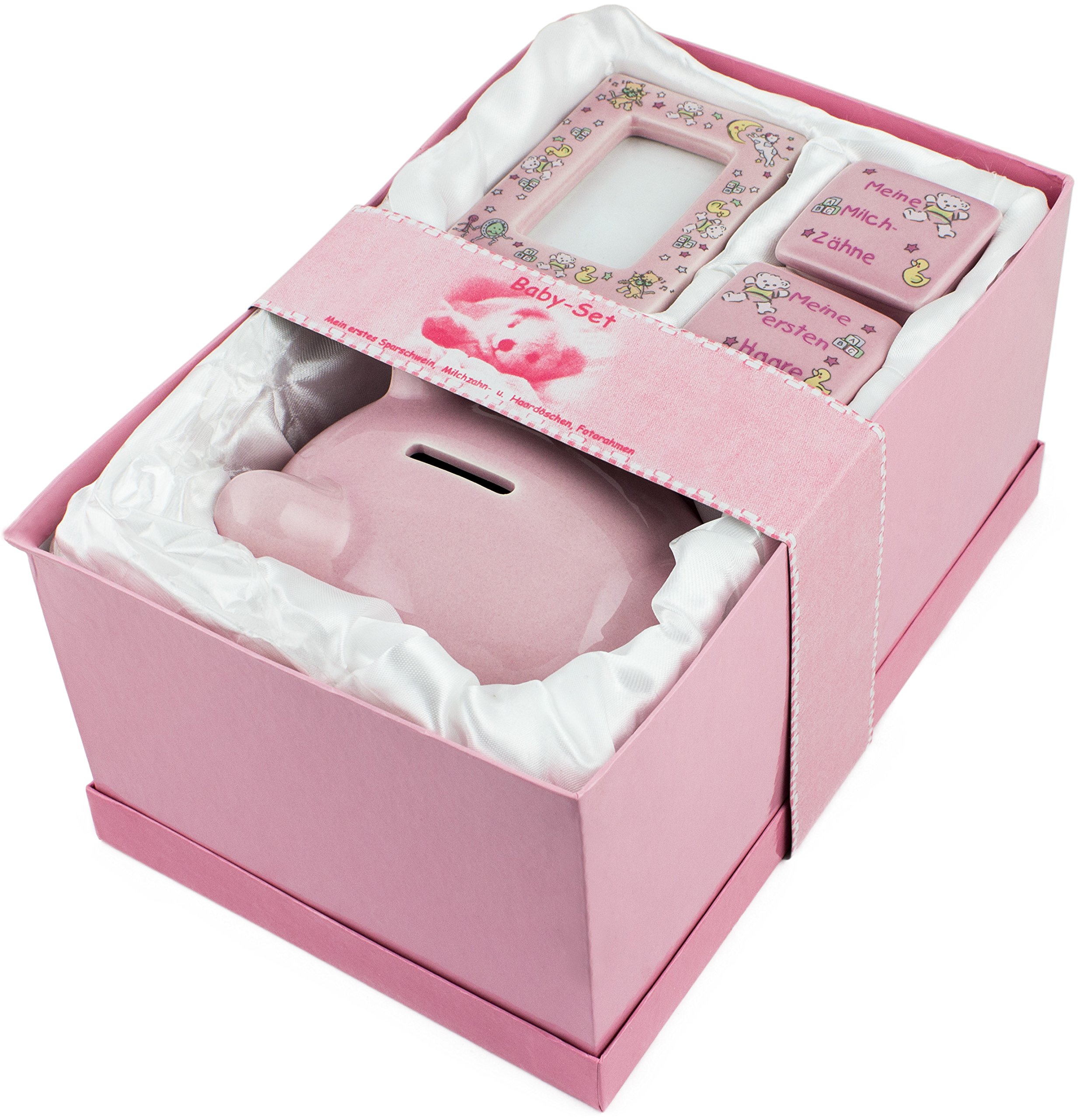 BRUBAKER 4 Pcs. Girl Boy Keepsake Gift Set with Piggy Bank, Tooth and Curl Box and Photo Frame Light Pink - German