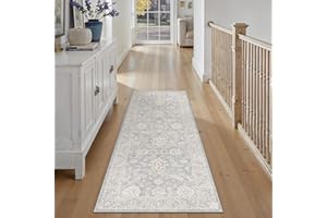 WondRg 2x6 Washable Runner Rug for Kitchen Hallway Non-Slip Blue Neutral Distressed Carpet Low Pile Soft Thin Area Rug Floral