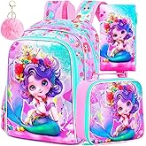 FTJCF Mermaid Backpack, 16" Girls Kids Bookbag with Lunch Box,3Pcs School Backpacks for Elementary Preschool Kindergarten (Pink)