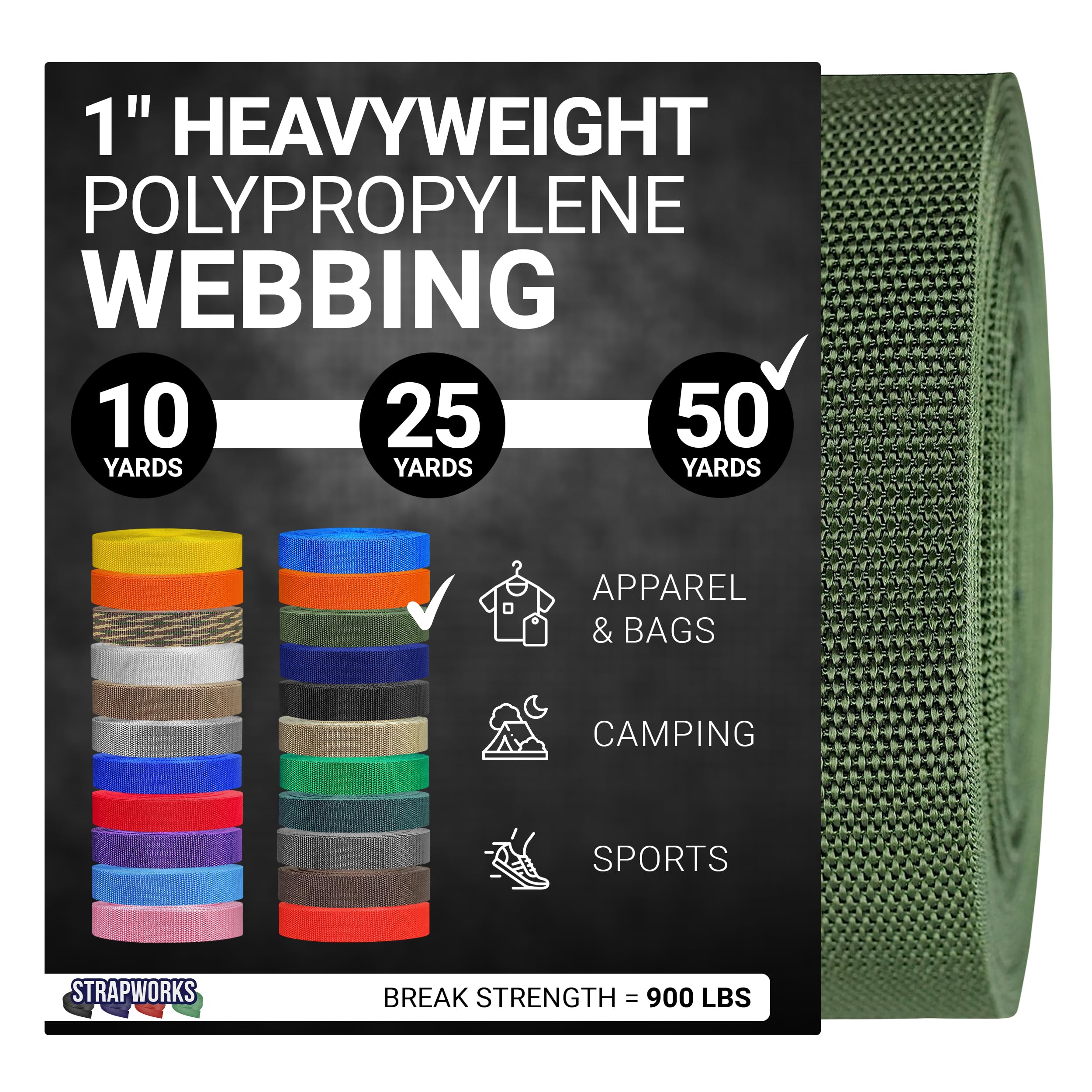 Strapworks Heavyweight Polypropylene Webbing - Heavy Duty Poly Strapping for Outdoor DIY Gear Repair, 1 Inch x 50 Yards - Olive Drab