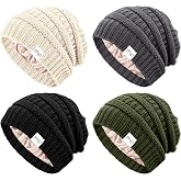 FEQO 4 Pack Satin Lined Beanies Slouchy Beanie Oversized Cable Knit Caps | Slouchy Winter Beanies, Silk Lined Knit Hats, Soft Knit Cuffed Beanies Cozy Warm Winter Beanies for Women and Men