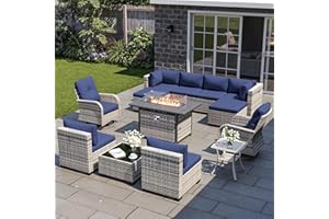 SWEECCI 13-Piece Patio Furniture Set, Outdoor Patio Furniture with Swivel Chairs Set, Ottomans, 55,000 BTU Fire Pit Table, Modular Patio Sofa, Dual-Strand Wicker Rattan, Rust-Resistant Frame, Navy Blue